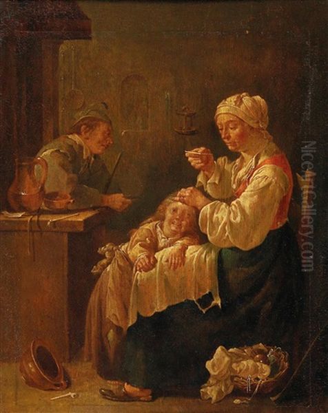 A Mother And Child In An Interior Oil Painting by Jacob Duck