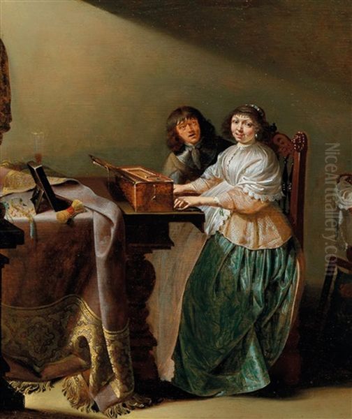 Two Figures At A Clavichord Oil Painting by Jacob Duck