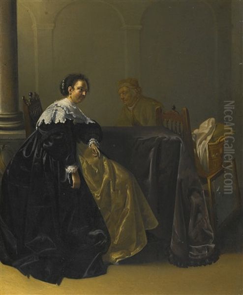 An Elegant Young Lady And Old Maid In An Interior by Jacob Duck