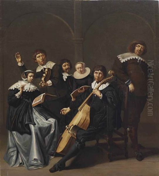 A Group Portrait, Probably Of A Family, Making Music In An Interior Oil Painting by Jacob Duck