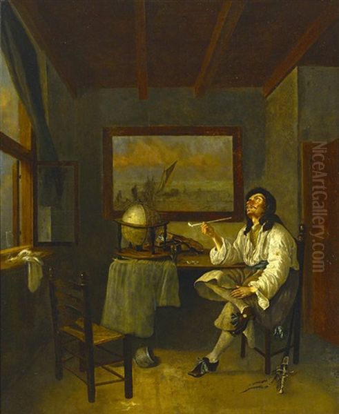 A Man Smoking A Pipe In An Interior Oil Painting by Jacob Duck