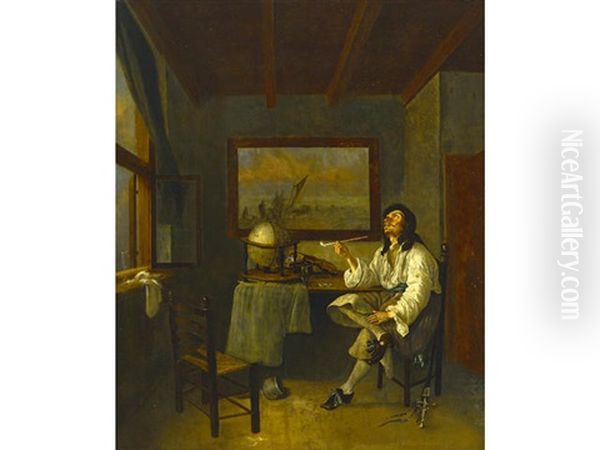 A Man Smoking A Pipe In An Interior Oil Painting by Jacob Duck