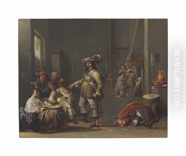 A Guardroom Interior With Soldiers And Peasants Smoking, Drinking And Playing Cards Oil Painting by Jacob Duck