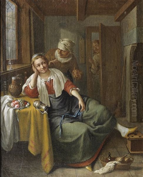 A Young Woman And Her Maid In An Interior, A Man At The Door Oil Painting by Jacob Duck