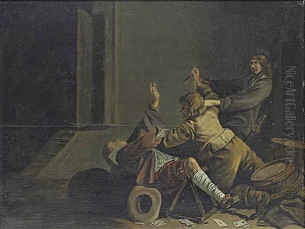 Soldiers Brawling In An Interior Oil Painting by Jacob Duck