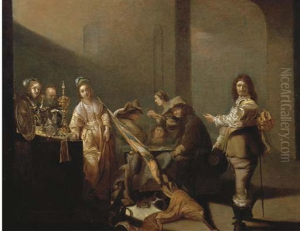 A Guardroom Interior With Soldiers Gambling And Courtesans Standing By A Table With Silverware Oil Painting by Jacob Duck