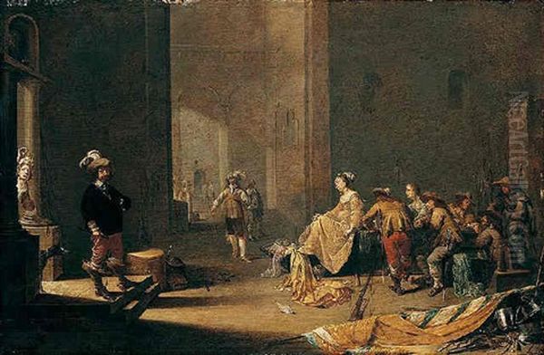 A Platial Guardroom Interior With Soldiers And Courtesans Conversing Oil Painting by Jacob Duck