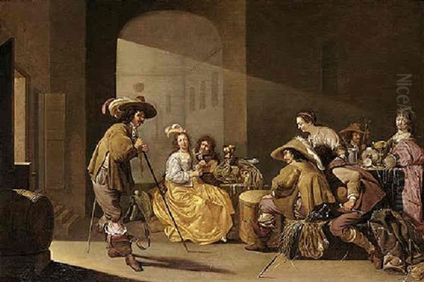 Soldiers And Elegantly Dressed Ladies Gambling In A Guardroom Interior Oil Painting by Jacob Duck