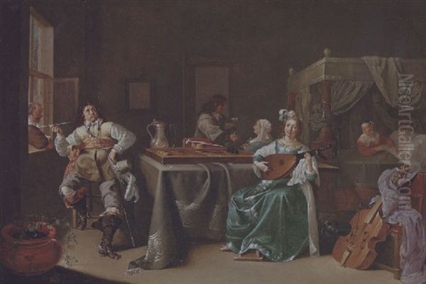 A Brothel Scene With An Officer Smoking At A Window, A Courtesan Playing A Lute By A Table And A Servant Making A Bed Oil Painting by Jacob Duck