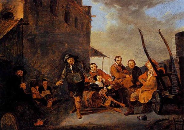 A Village Scene With A Mountebank Presenting His Wares To Onlookers Oil Painting by Jacob Duck