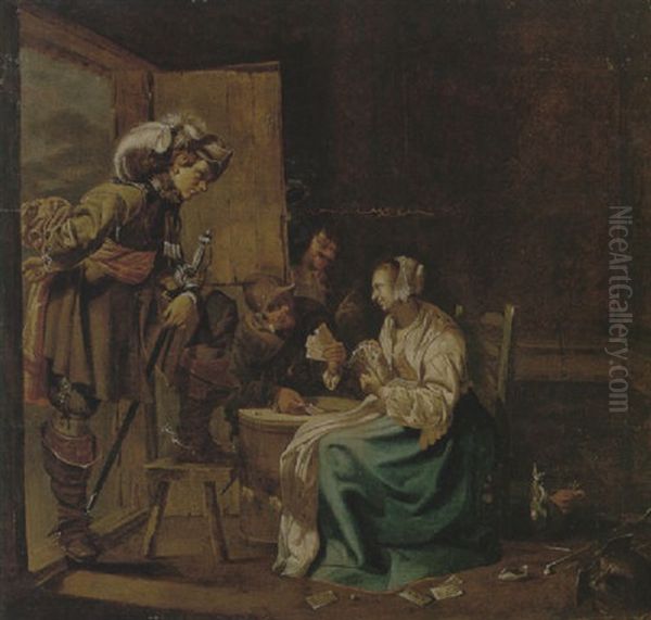 Interior With Soldiers And A Woman Playing Cards, An Officer Watching From A Doorway Oil Painting by Jacob Duck