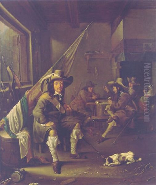 An Ensign Seated By A Barrel In A Guardroom, Officers Playing Cards By A Chimney Beyond Oil Painting by Jacob Duck