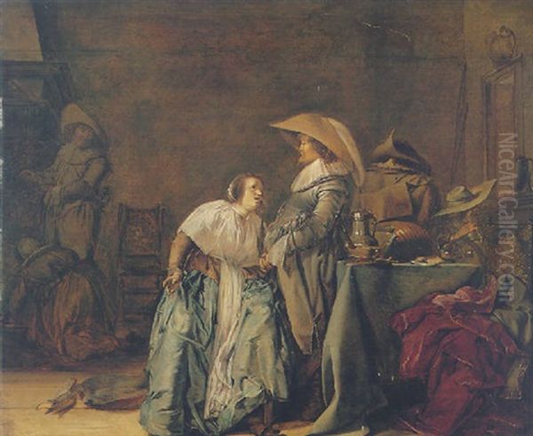 An Interior With A Couple Conversing, The Lady Seated, The Soldier Standing By A Table Oil Painting by Jacob Duck