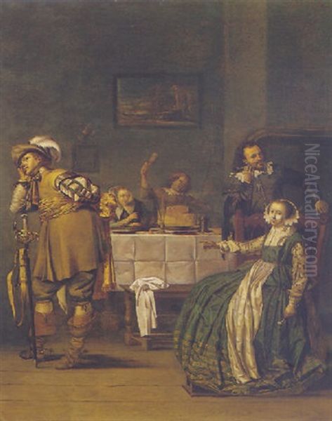 A Guardroomwith A Lady Seated At A Table Laid With Food And Drink, A Gentleman Smoking A Pipe, And A Soldier Turning His Back To The Party Oil Painting by Jacob Duck