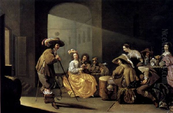 Soldiers And Elegantly Dressed Ladies Gambling Inside A Guardroom Interior by Jacob Duck