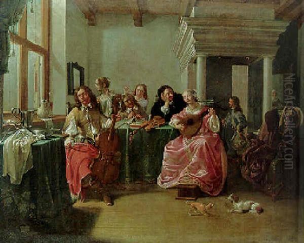 Elegant Company Making Music In An Interior Oil Painting by Jacob Duck