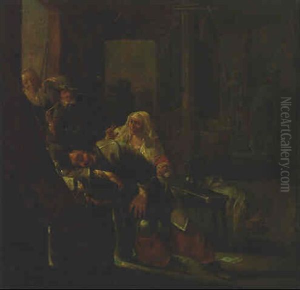 A Soldier Sleeping In A Guardsroom, With Other Figures Nearby Oil Painting by Jacob Duck