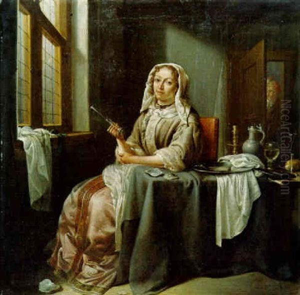 A Lady Seated At A Table Holding A Wine Glass Oil Painting by Jacob Duck