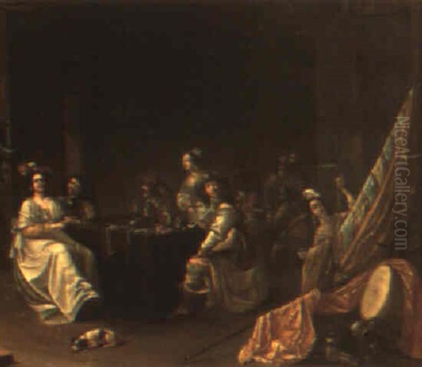 A Guardroom Interior With War Trophies And Figures Playing Cards Oil Painting by Jacob Duck