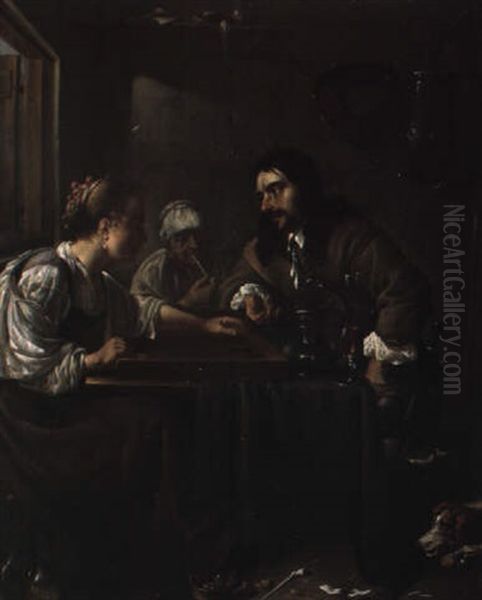 A Man And A Woman Playing Backgammon; A Woman Smoking Behind Oil Painting by Jacob Duck