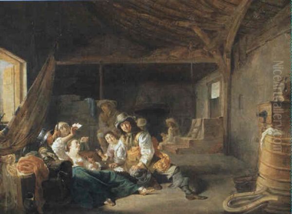 Soldiers And Women Playing Cards In A Barn Oil Painting by Jacob Duck