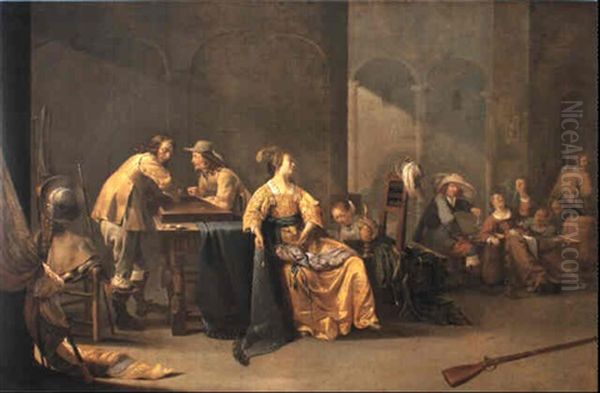 Guardroom With Soldiers Playing Tric-trac And Courtesans With Jewellery Oil Painting by Jacob Duck