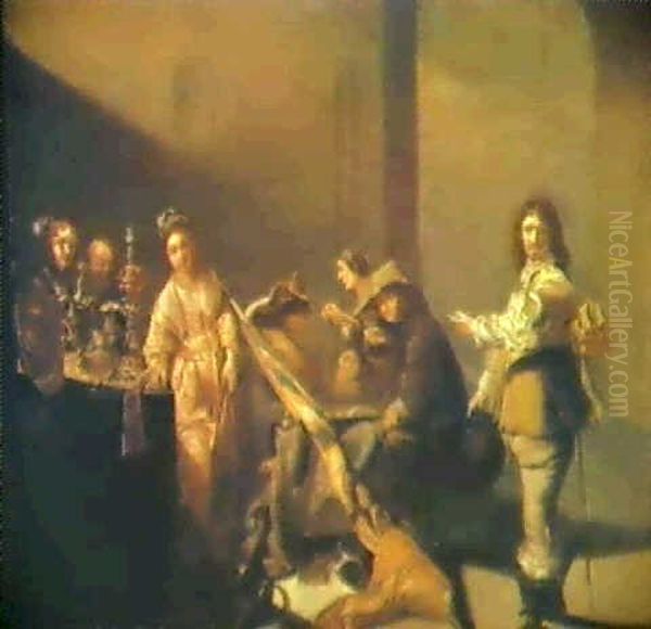 A Guardroom Interior With Soldiers And Courtesans Gambling Oil Painting by Jacob Duck