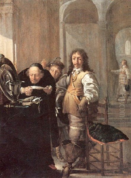 An Old Man Reading A Document By A Table With Riches, A Cav-alier And A Young Boy Holding A Coin, In An Interior Oil Painting by Jacob Duck