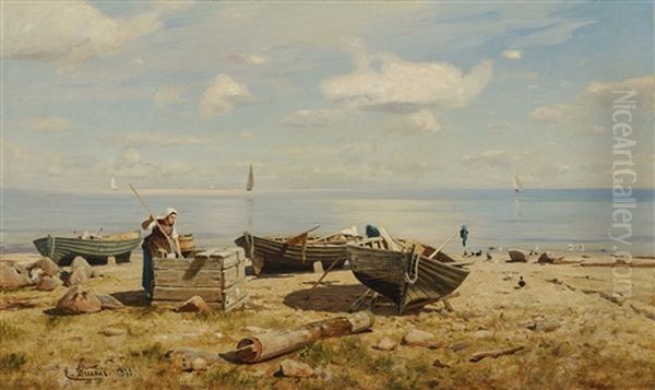 Fishermans Wife On The Beach Oil Painting by Eugen Gustav Duecker