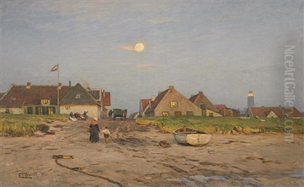 Fruh Am Morgen. Blick Uber Den Strand Auf Ein Hollandisches Fischerdorf Bei Vollmond Und Aufgehender Sonne Oil Painting by Eugen Gustav Duecker