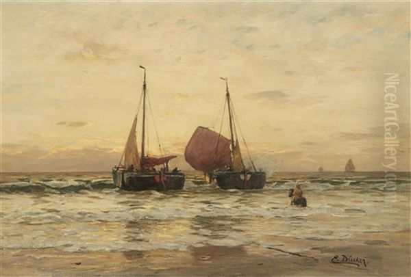 Coastal View With Sailing Boats Landing Oil Painting by Eugen Gustav Duecker