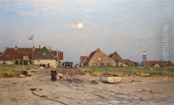 Full Moon Over Dutch Coastal Town Oil Painting by Eugen Gustav Duecker