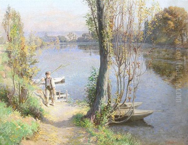 Boy Fishing By A Lake Oil Painting by Eugen Gustav Duecker