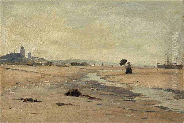 Young Woman On The Beach At Katwijk Oil Painting by Eugen Gustav Duecker