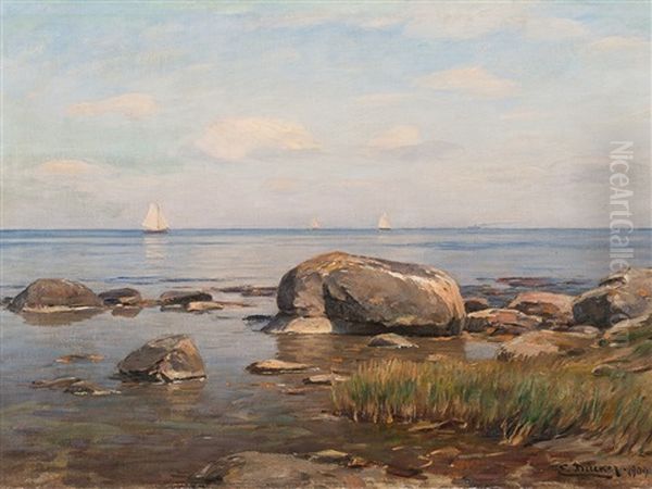 A Stony Shore Oil Painting by Eugen Gustav Duecker