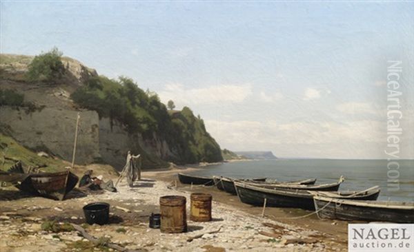 Kustenlandschaft Mit Fischerbooten Oil Painting by Eugen Gustav Duecker