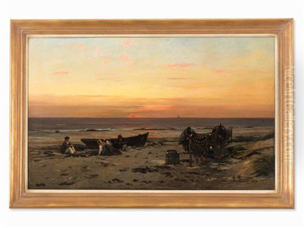 Coast With Fishermen Oil Painting by Eugen Gustav Duecker