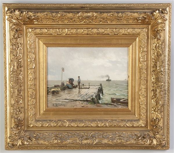 Figures On A Dock With Boats In Distance Oil Painting by Eugen Gustav Duecker