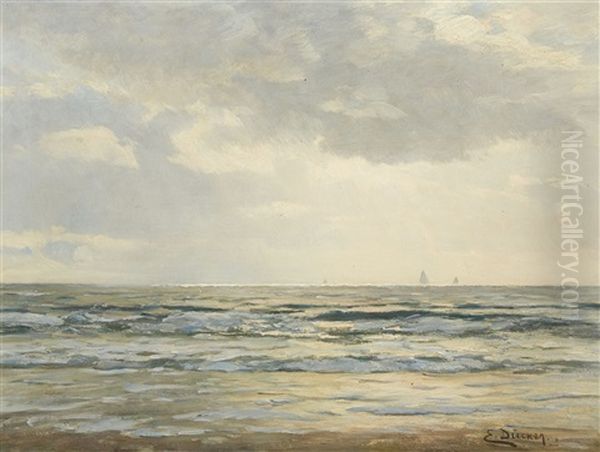 An Evening Seascape Oil Painting by Eugen Gustav Duecker