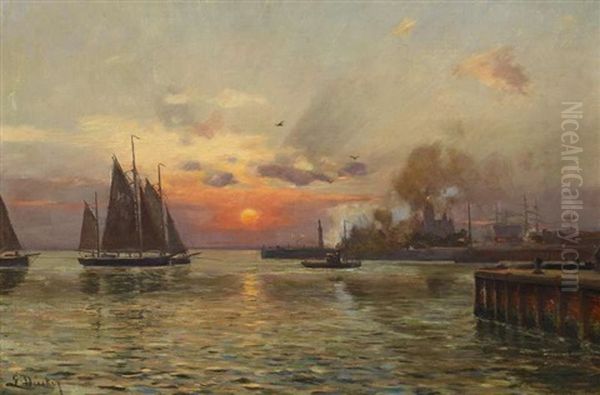 Morgennebel Uber Einem Hafen Bei St. Petersburg Oil Painting by Eugen Gustav Duecker