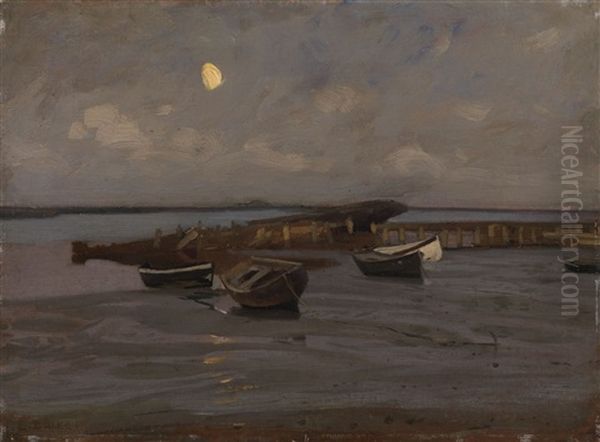 Boats On The Mudflats Oil Painting by Eugen Gustav Duecker