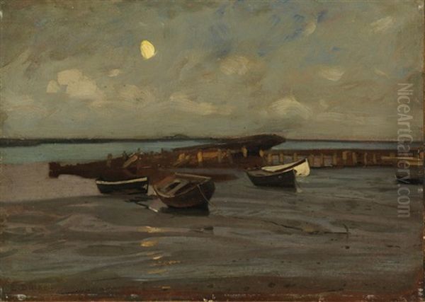 Boote Am Ufer Bei Mondschein Oil Painting by Eugen Gustav Duecker