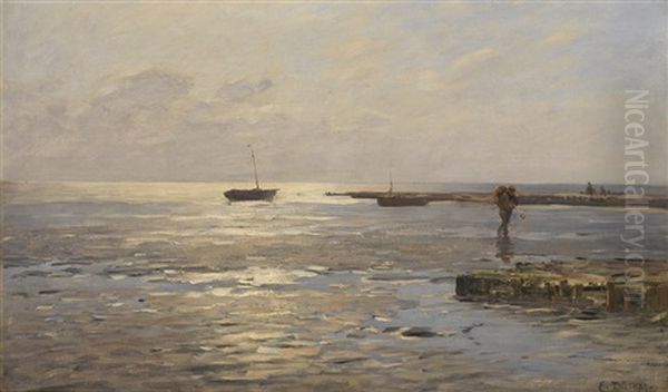 Harvesting Mussels Oil Painting by Eugen Gustav Duecker