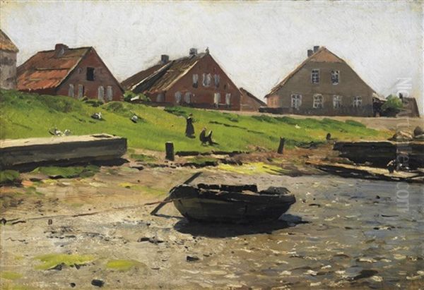 Sommertag Vor Einem Dorf An Der Estnischen Kuste. Am Ufer Aufliegende Ruderboote Oil Painting by Eugen Gustav Duecker