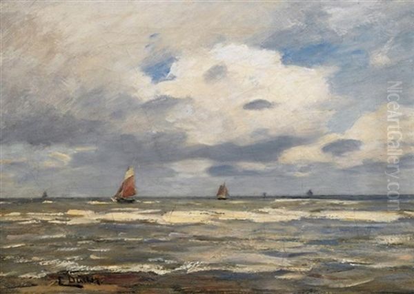 Segelboote Vor Der Kuste Bei Aufziehendem Regen Oil Painting by Eugen Gustav Duecker