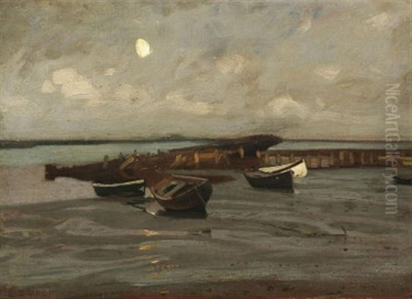 Trocken Aufliegende Boote Im Wattenmeer. Mondschein Oil Painting by Eugen Gustav Duecker