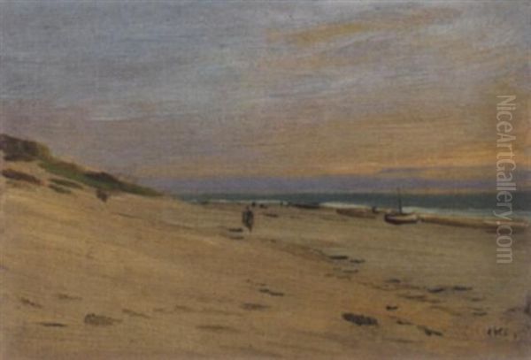 Breiter Sandstrand Mit Booten Und Staffage Oil Painting by Eugen Gustav Duecker