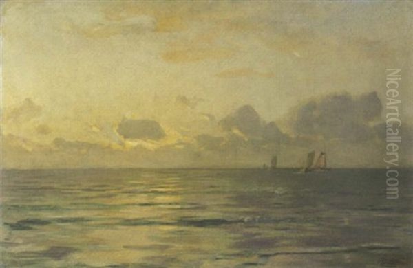 Abendliches Meer Mit Einlaufenden Booten Oil Painting by Eugen Gustav Duecker