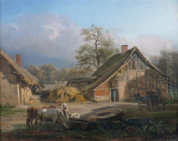 Devant La Ferme Oil Painting by Jean-Antoine Duclaux