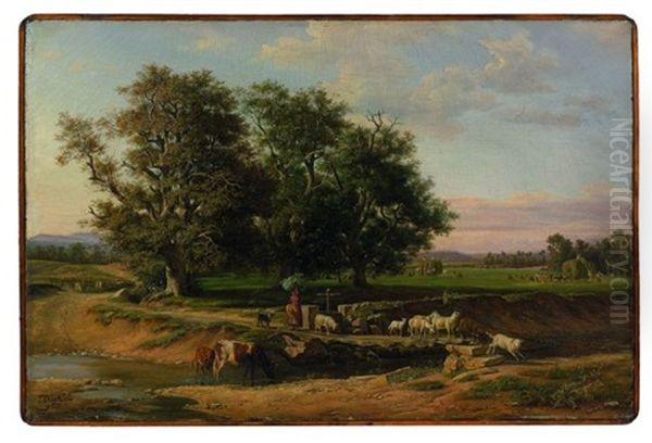 Le Passage Du Gue Pendant La Recolte Des Foins Oil Painting by Jean-Antoine Duclaux